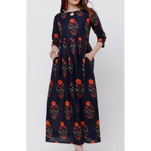 Vishudh Ethnic Motifs Printed Cotton A-line Kurti/Kurta Midi Dress Med Modest